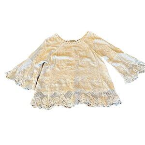 Democracy Blouse White Top Crochet Lace Embroidered Bell Sleeve Boho  L